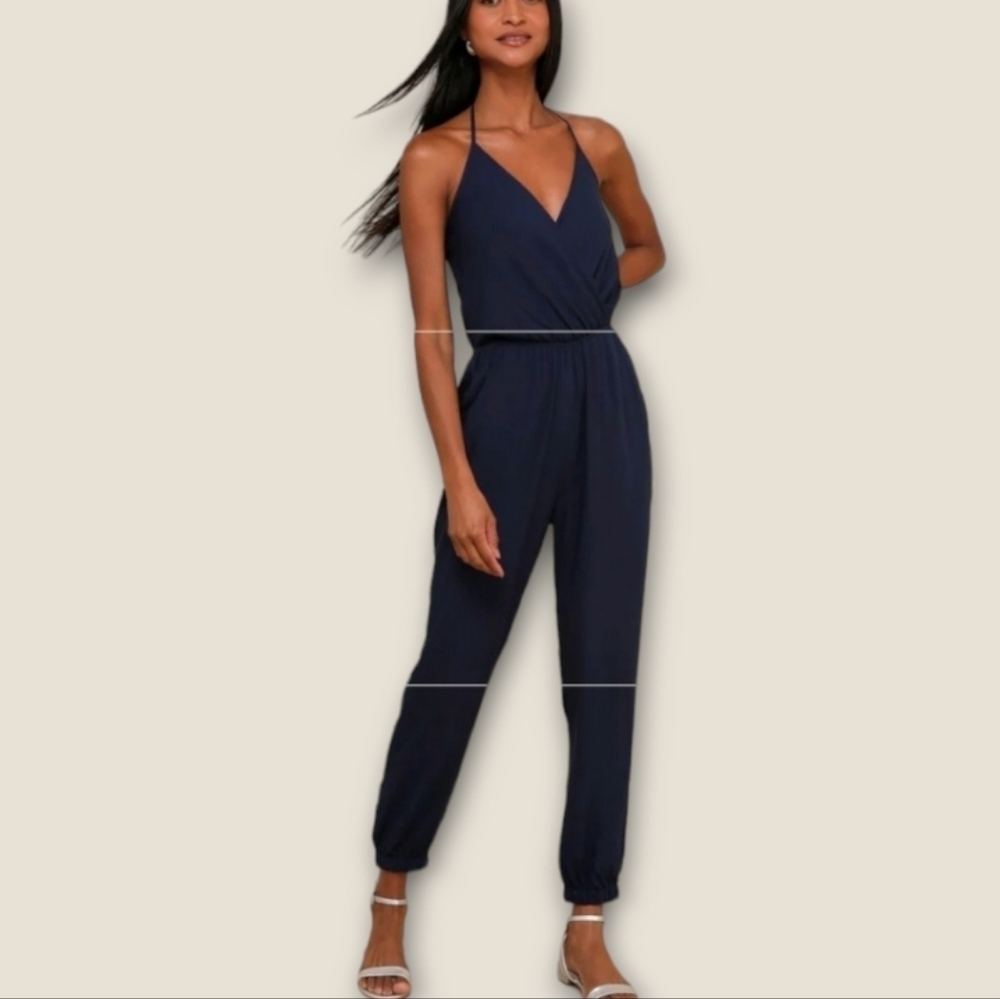 LULUS‎ Learning To Fly Halter Jumpsuit Navy Blue Women's Size S
